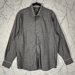 Banana Lemon Black Chambray Cotton Leopard Print Button Front Shirt